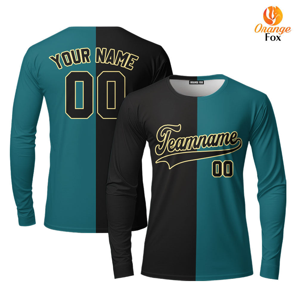 Custom Teal Cream Black Split Fashion Custom Long Sleeve T-Shirt For Men & Women