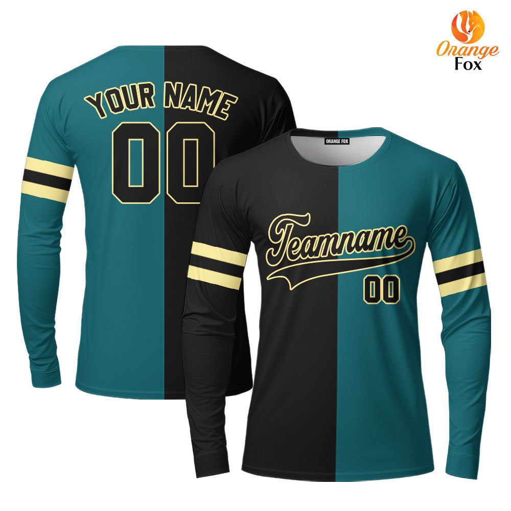 Custom Teal Cream Black Split Fashion Custom Long Sleeve T-Shirt For Men & Women