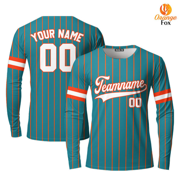 Custom Teal Orange Pinstripe White Orange Custom Long Sleeve T-Shirt For Men & Women