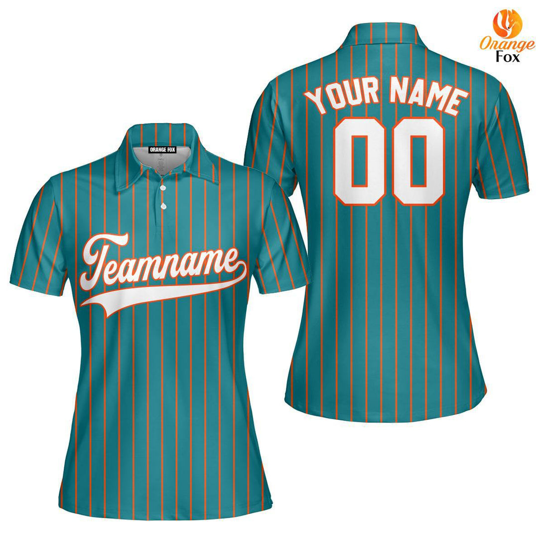 Custom Teal Orange Pinstripe White Orange Custom Polo Shirt For Women