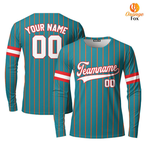 Custom Teal Red Pinstripe White Red Custom Long Sleeve T-Shirt For Men & Women