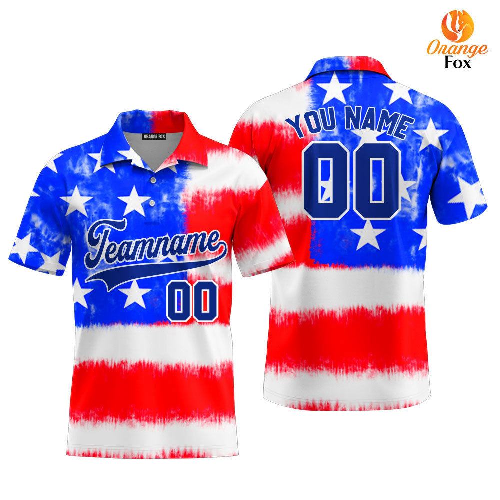 Custom Tie Dye American Flag On Blue Custom Polo Shirt For Men