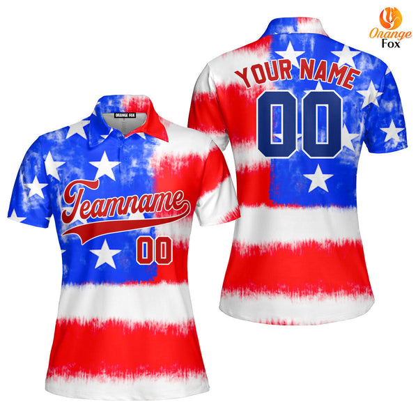 Custom Tie Dye American Flag On Red Custom Polo Shirt For Women