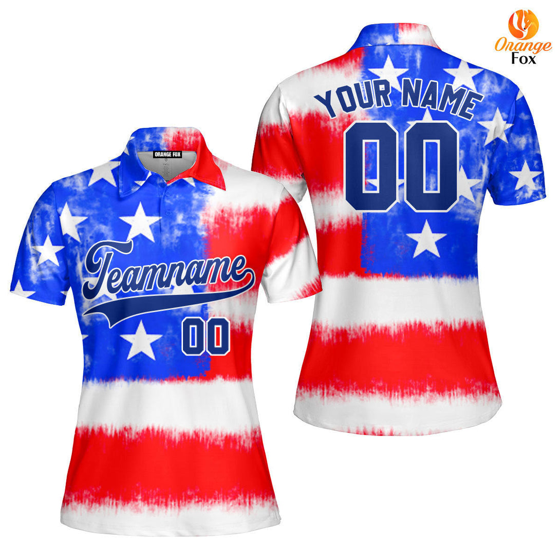 Custom Tie Dye American Flag On White Custom Polo Shirt For Women