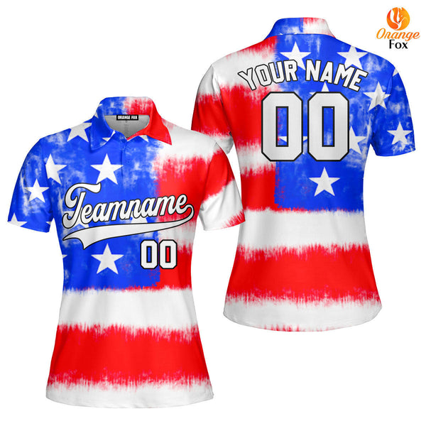 Custom Tie Dye American Flag On White Custom Polo Shirt For Women