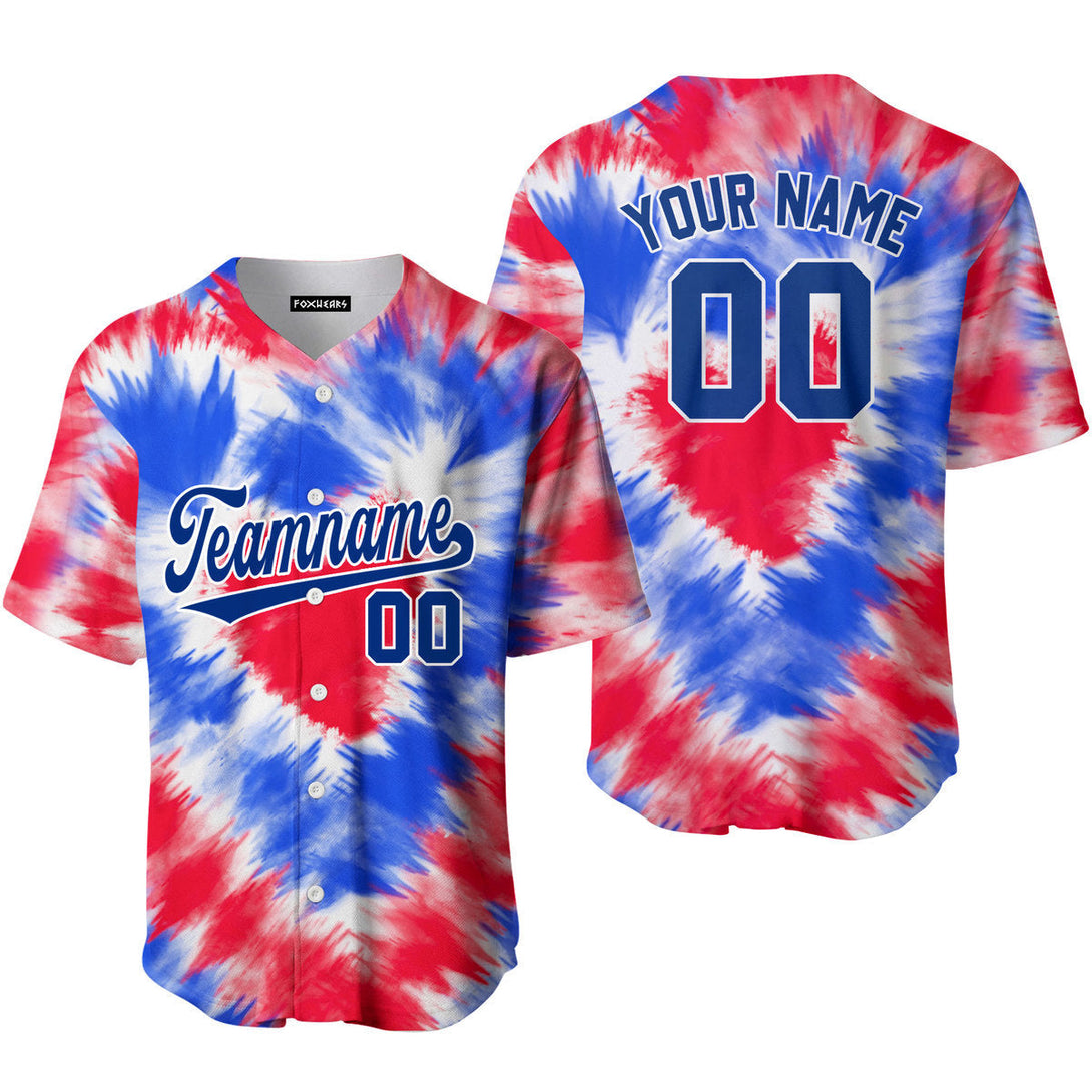 Custom Tie Dye Heart USA Flag On Blue Custom Baseball Jerseys For Men & Women