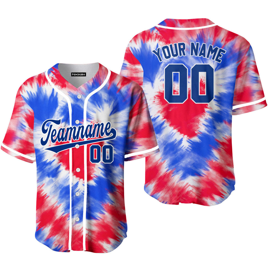 Custom Tie Dye Heart USA Flag On Blue Custom Baseball Jerseys For Men & Women