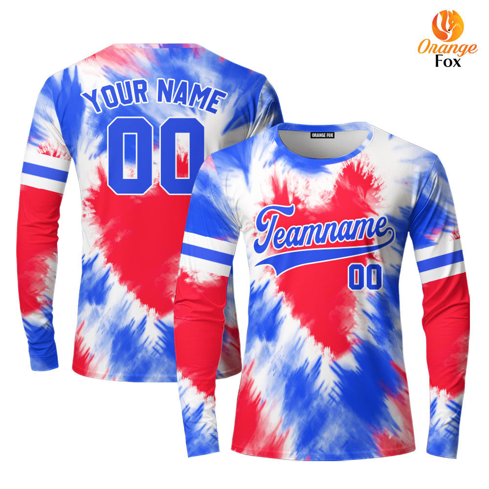 Custom Tie Dye Heart USA Flag On Blue Custom Long Sleeve T-Shirt For Men & Women