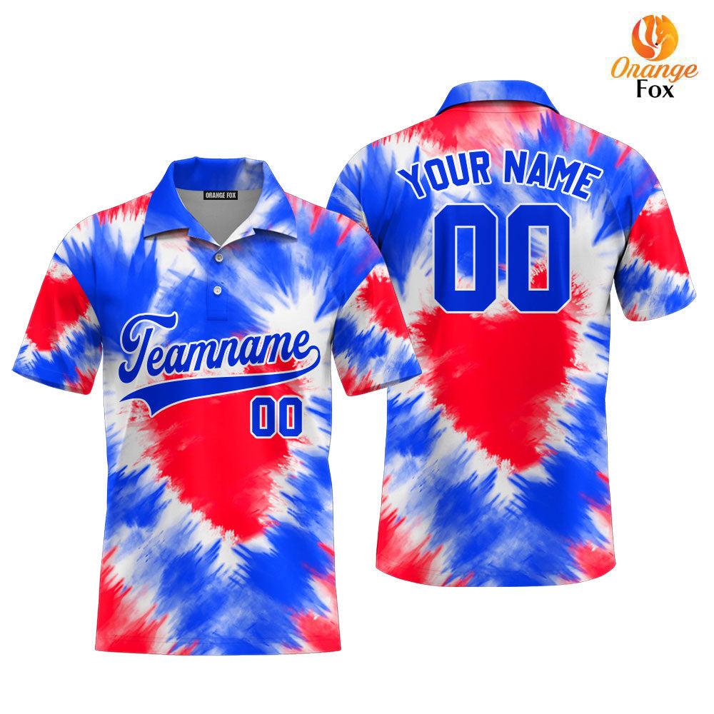 Custom Tie Dye Heart USA Flag On Blue Custom Polo Shirt For Men