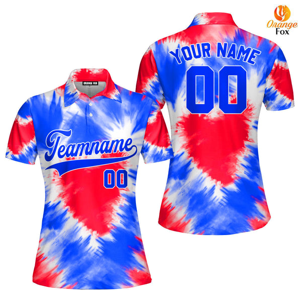 Custom Tie Dye Heart USA Flag On Blue Custom Polo Shirt For Women