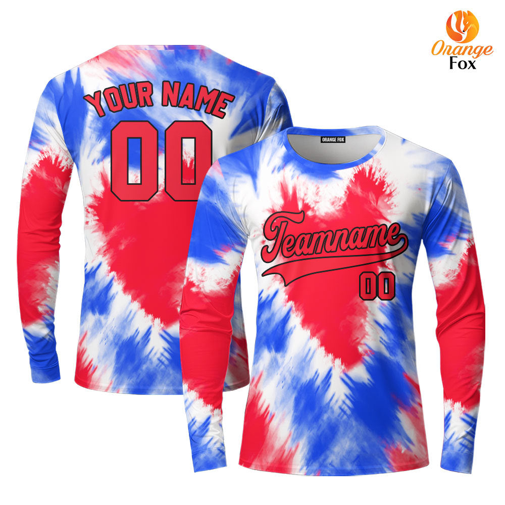 Custom Tie Dye Heart USA Flag On Red Custom Long Sleeve T-Shirt For Men & Women