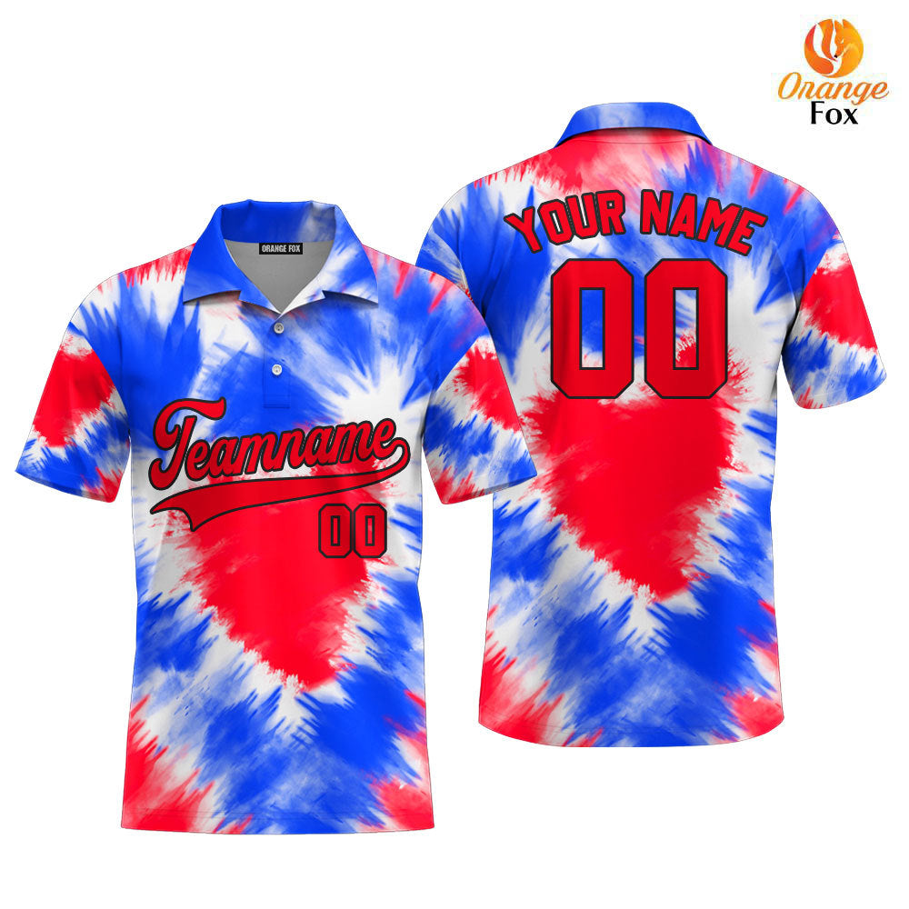 Custom Tie Dye Heart USA Flag On Red Custom Polo Shirt For Men