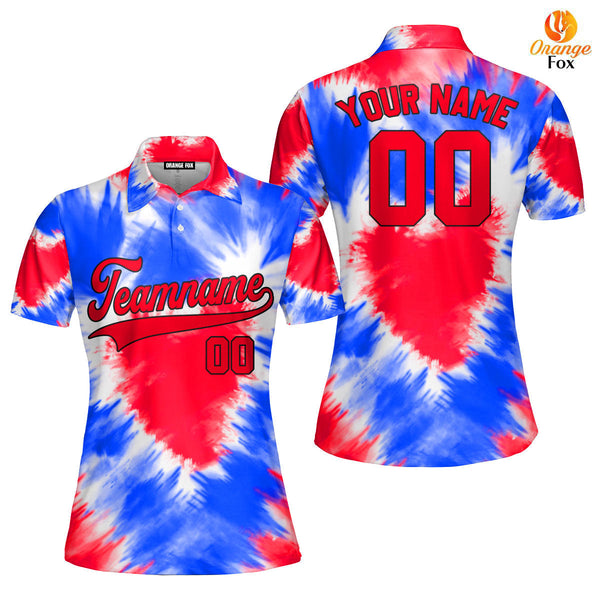 Custom Tie Dye Heart USA Flag On Red Custom Polo Shirt For Women