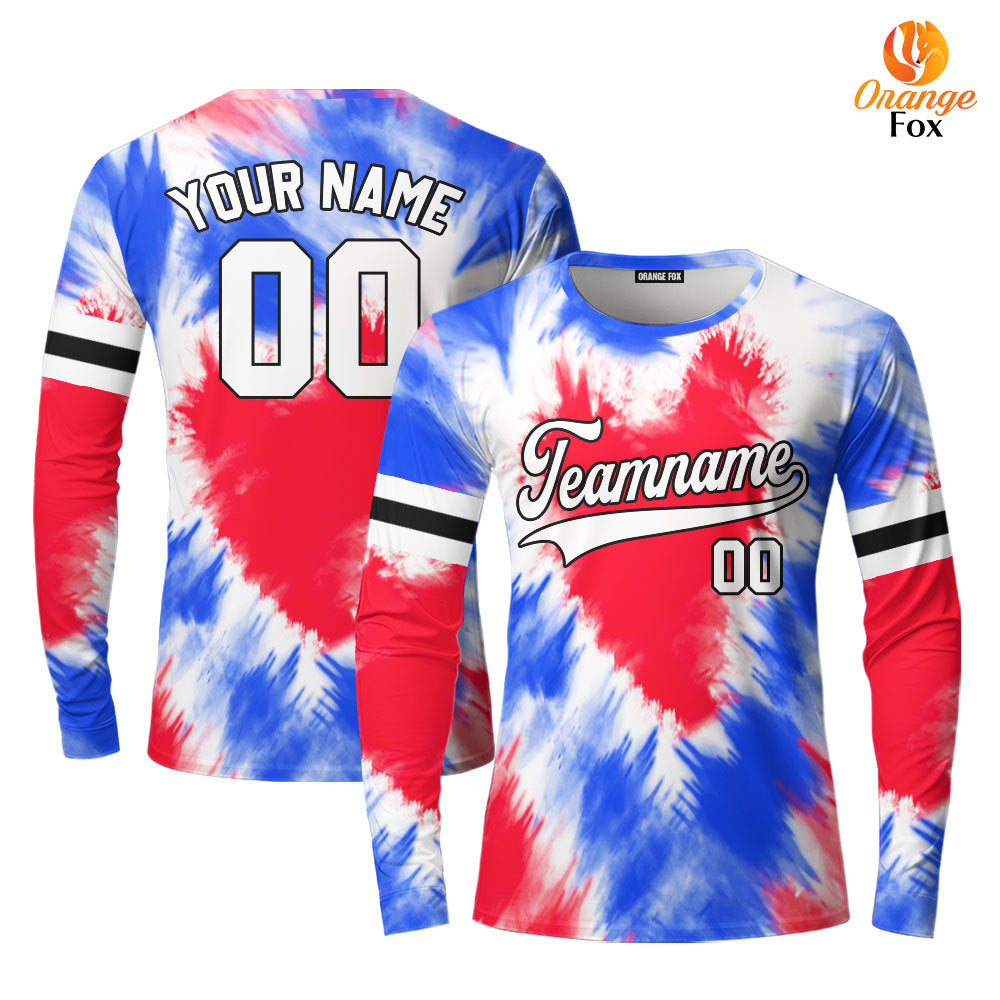 Custom Tie Dye Heart USA Flag On White Custom Long Sleeve T-Shirt For Men & Women