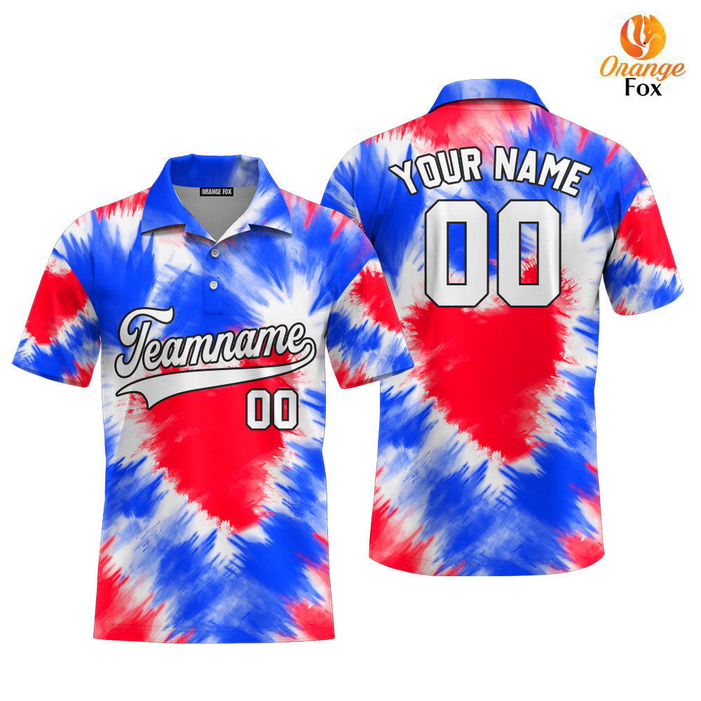 Custom Tie Dye Heart USA Flag On White Custom Polo Shirt For Men