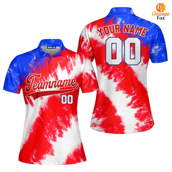 Custom Tie Dye USA Flag Color On Red Custom Polo Shirt For Women