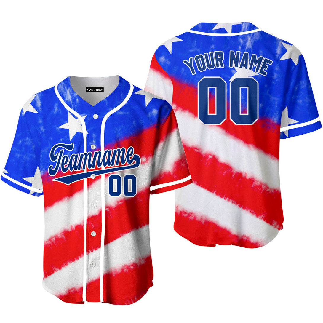 Custom Tie Dye White Royal USA Flag On Blue Custom Baseball Jerseys For Men & Women