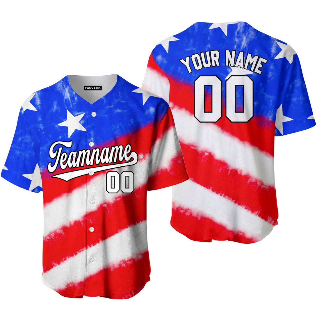 Custom Tie Dye White Royal USA Flag On White Custom Baseball Jerseys For Men & Women