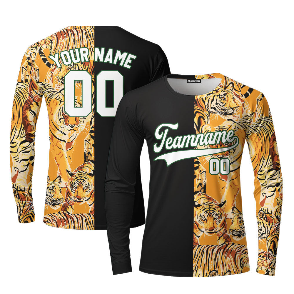 Custom Tiger Pattern Black Black-Green Custom Long Sleeve T-Shirt For Men & Women