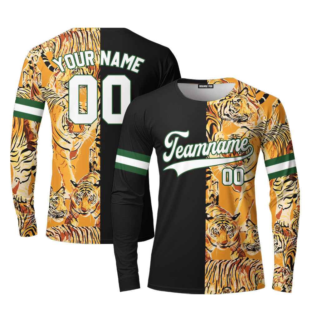 Custom Tiger Pattern Black Black-Green Custom Long Sleeve T-Shirt For Men & Women