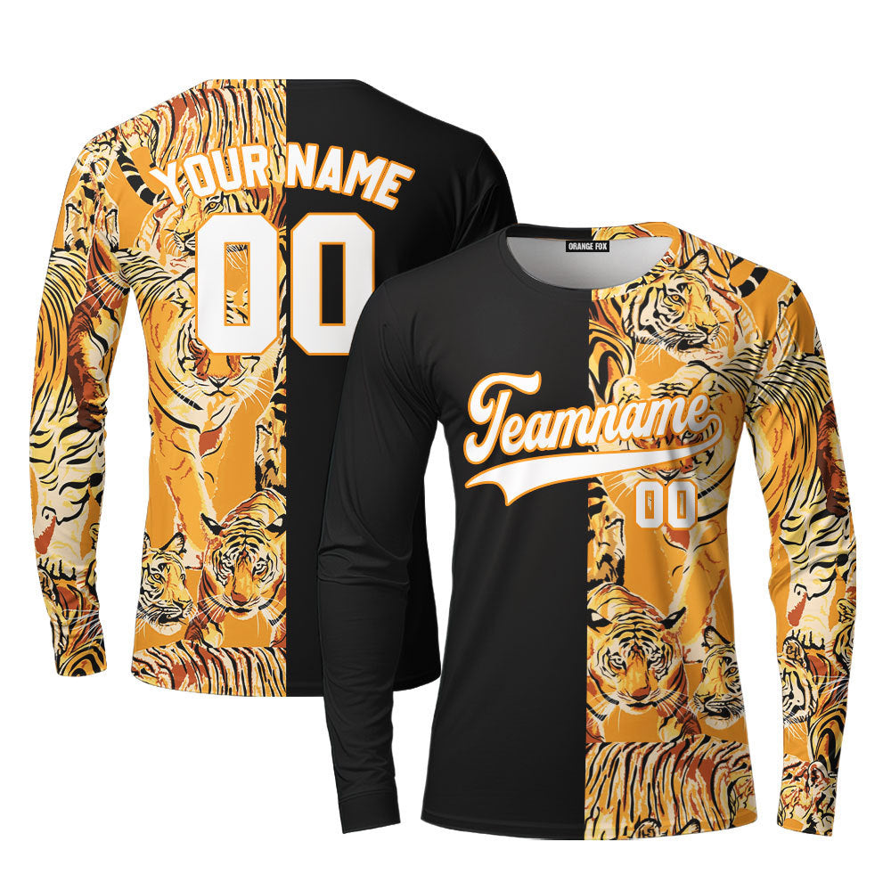 Custom Tiger Pattern Black Black-Orange Custom Long Sleeve T-Shirt For Men & Women