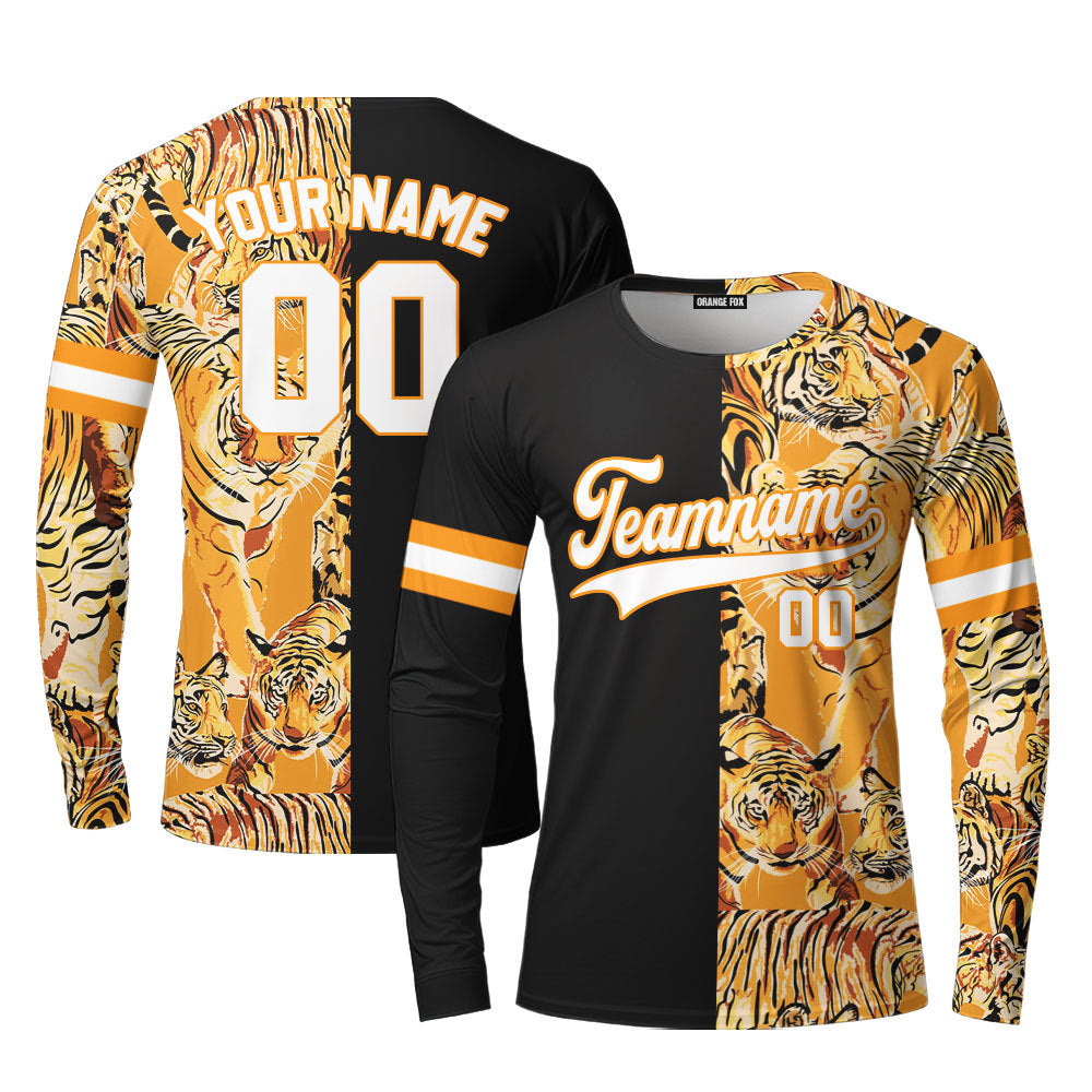 Custom Tiger Pattern Black Black-Orange Custom Long Sleeve T-Shirt For Men & Women