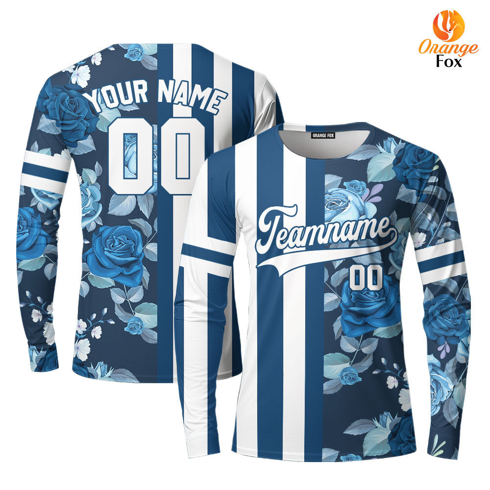 Custom Tropical Blue Navy White - Blue Split Fashion Custom Long Sleeve T-Shirt For Men & Women