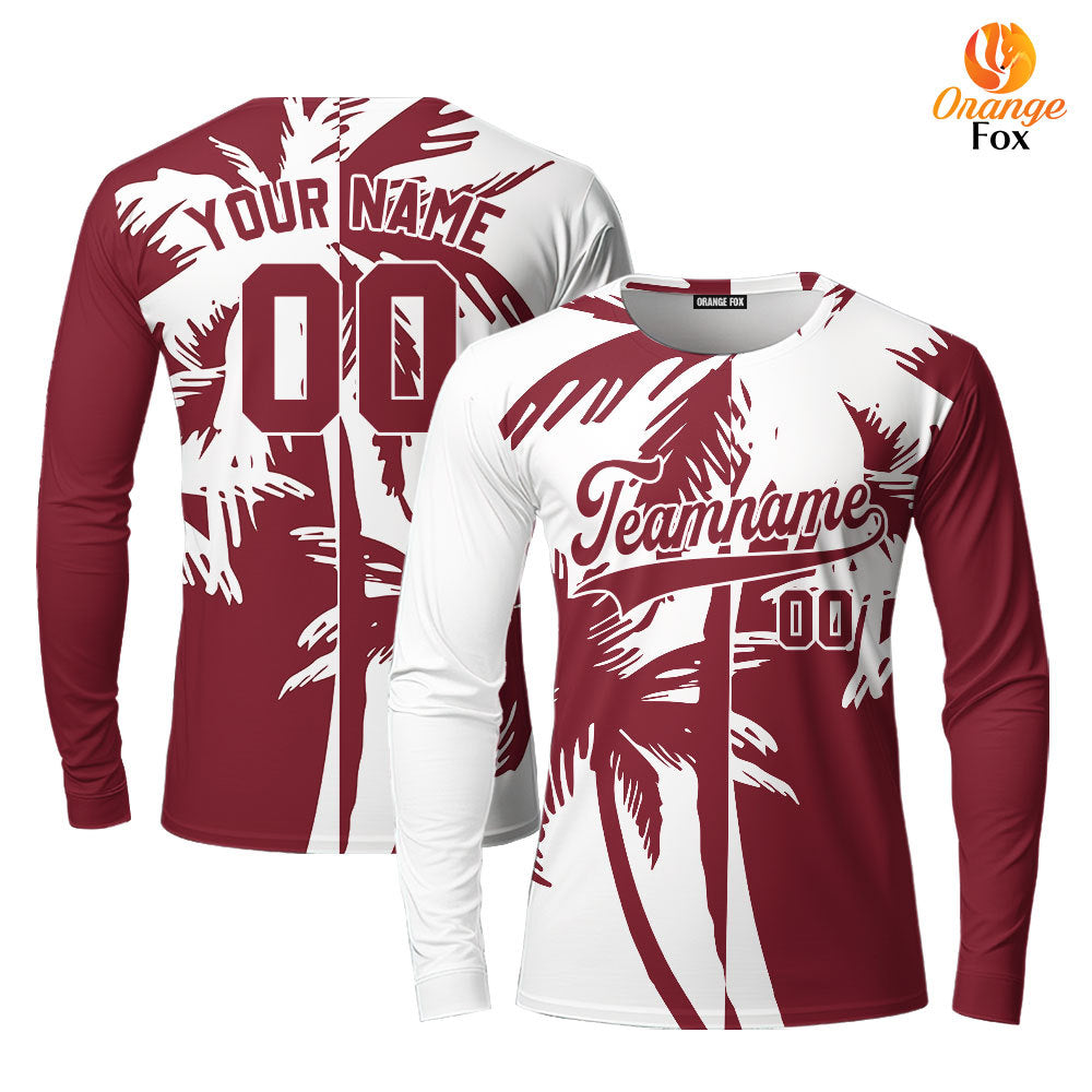 Custom Tropical Crimson Palm Trees Pattern Custom Long Sleeve T-Shirt For Men & Women