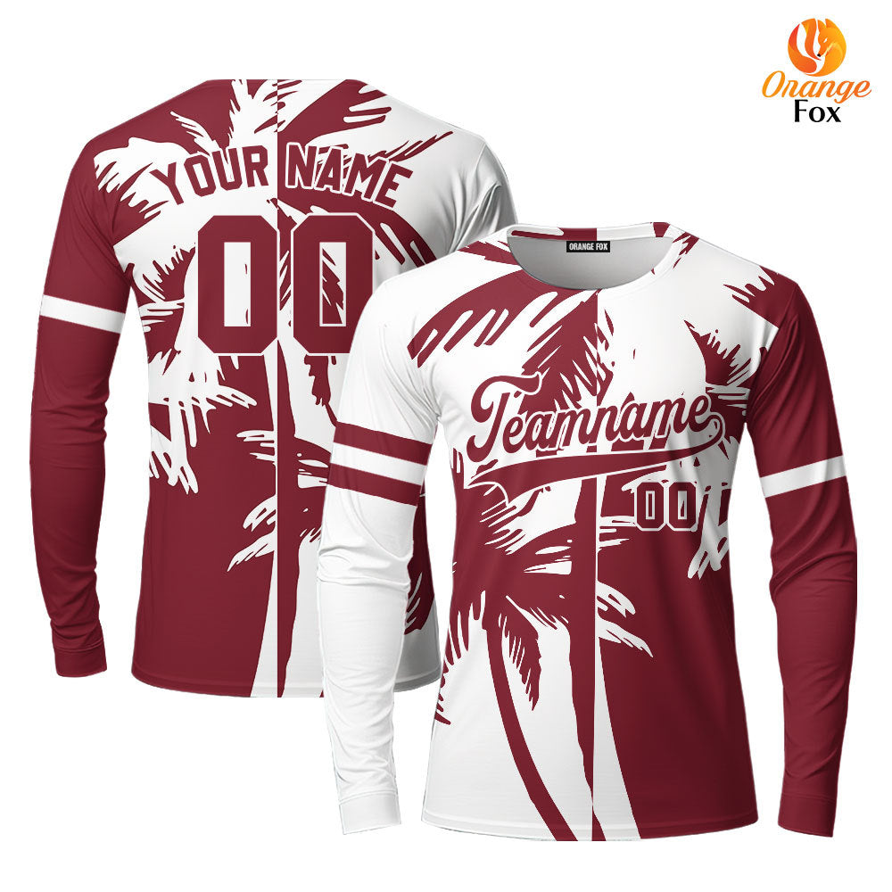 Custom Tropical Crimson Palm Trees Pattern Custom Long Sleeve T-Shirt For Men & Women