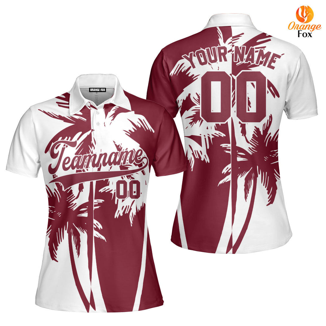 Custom Tropical Crimson Palm Trees Pattern Custom Polo Shirt For Women