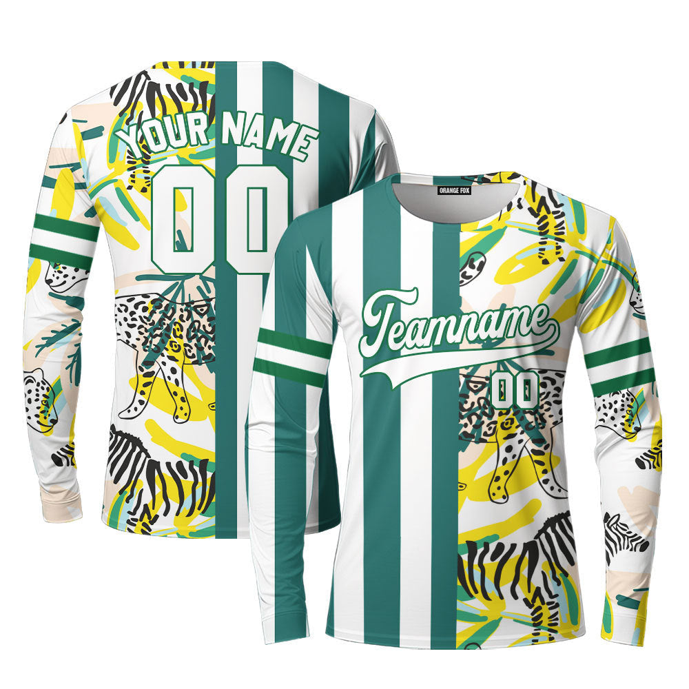 Custom Tropical Kelly Green Stripe White-Green Split Fashion Custom Long Sleeve T-Shirt For Men & Women