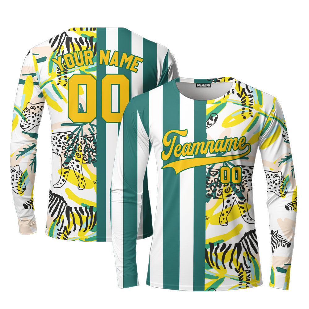 Custom Tropical Kelly Green Stripe Yellow-Green Split Fashion Custom Long Sleeve T-Shirt For Men & Women