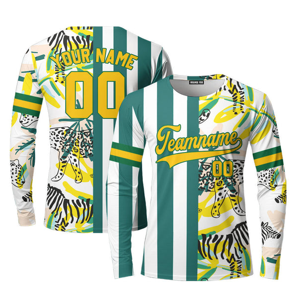 Custom Tropical Kelly Green Stripe Yellow-Green Split Fashion Custom Long Sleeve T-Shirt For Men & Women