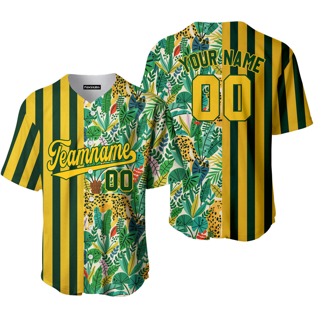Custom Tropical Leopard Kelly Green Pinstripe Yellow Baseball Jerseys For Men & Women