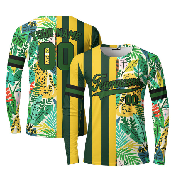 Custom Tropical Leopard Kelly Green Stripe Green-Black Custom Long Sleeve T-Shirt For Men & Women