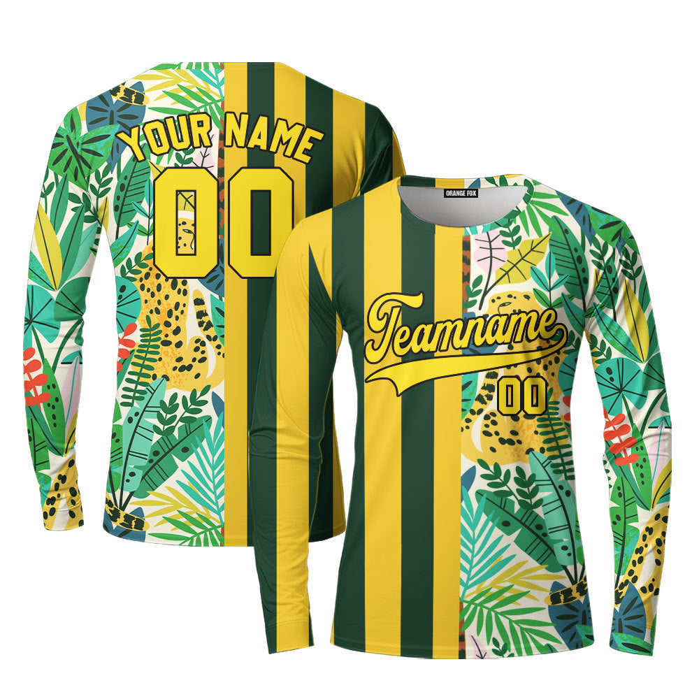 Custom Tropical Leopard Kelly Green Stripe Yellow-Black Custom Long Sleeve T-Shirt For Men & Women