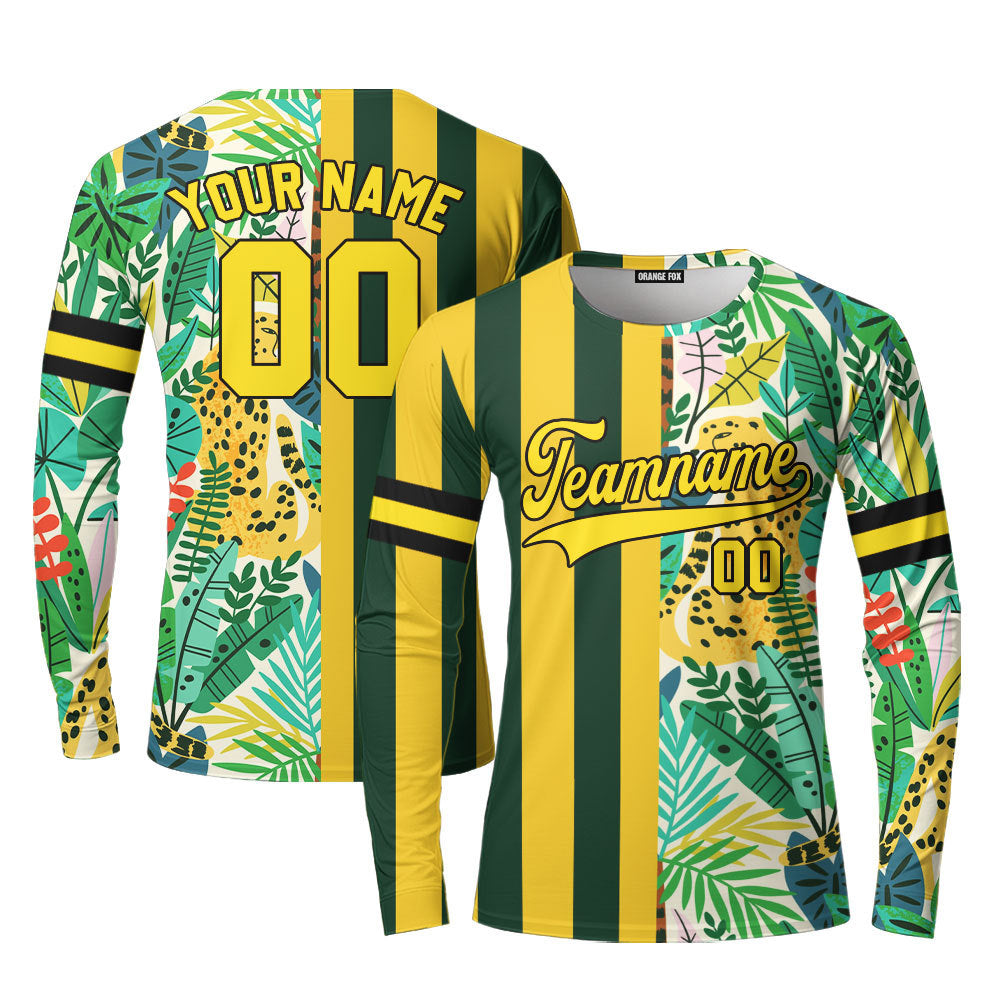 Custom Tropical Leopard Kelly Green Stripe Yellow-Black Custom Long Sleeve T-Shirt For Men & Women