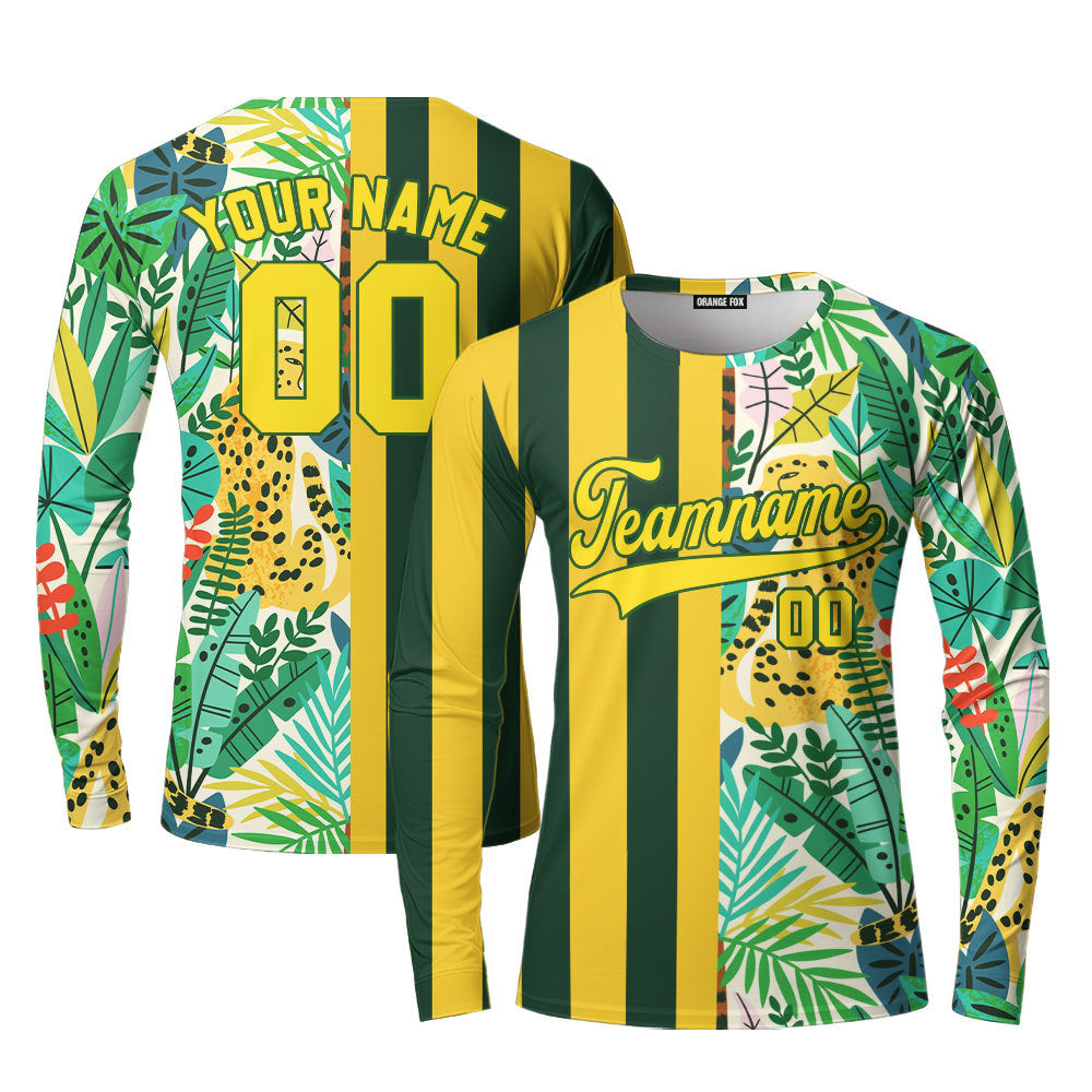 Custom Tropical Leopard Kelly Green Stripe Yellow Custom Long Sleeve T-Shirt For Men & Women