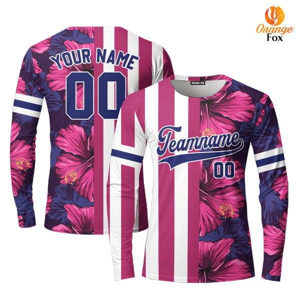 Custom Tropical Red Purple Blue-White Split Fashion Custom Long Sleeve T-Shirt For Men & Women