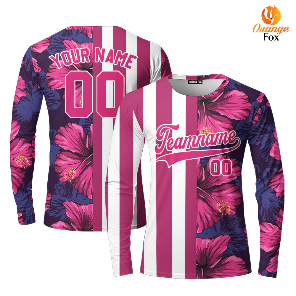 Custom Tropical Red Purple Pink-White Split Fashion Custom Long Sleeve T-Shirt For Men & Women