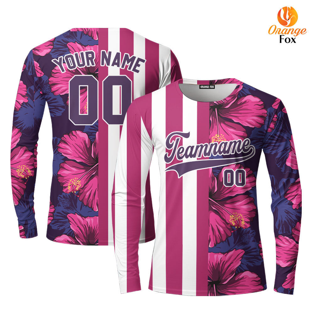 Custom Tropical Red Purple Purple-White Split Fashion Custom Long Sleeve T-Shirt For Men & Women