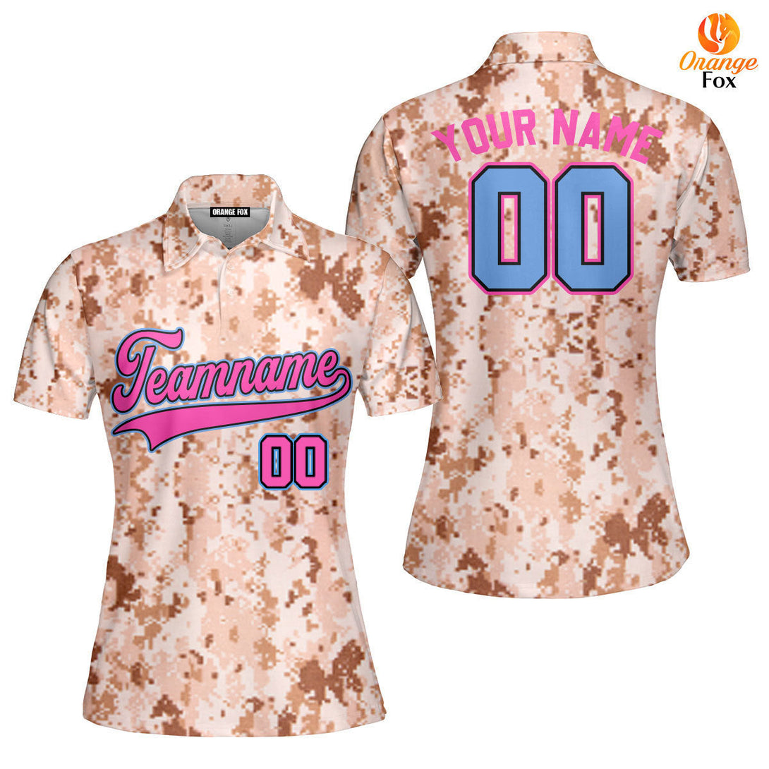 Custom US Brown Navy Camo Pink Light Blue Custom Polo Shirt For Women