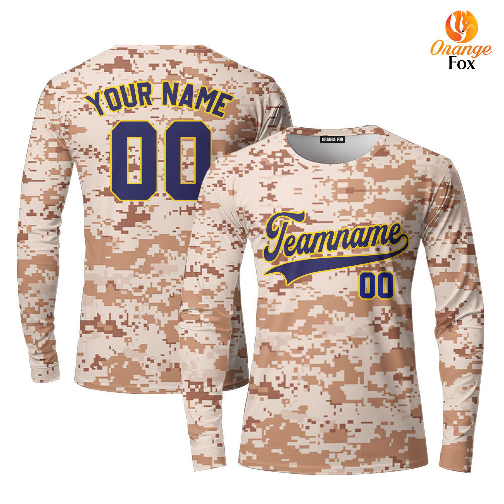 Custom US Navy Camo Blue Navy Yellow Custom Long Sleeve T-Shirt For Men & Women