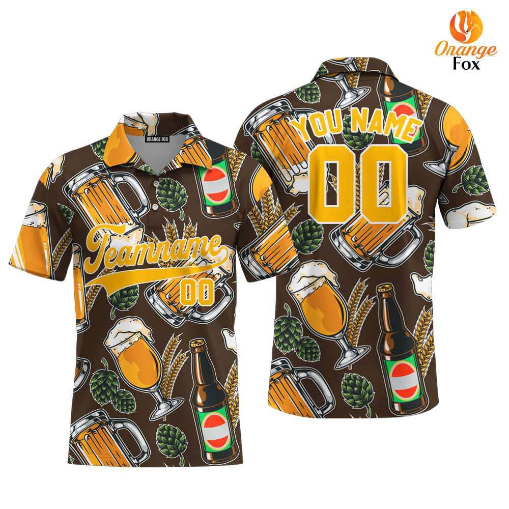 Custom Vintage Beer Pattern And Yellow White Custom Polo Shirt For Men