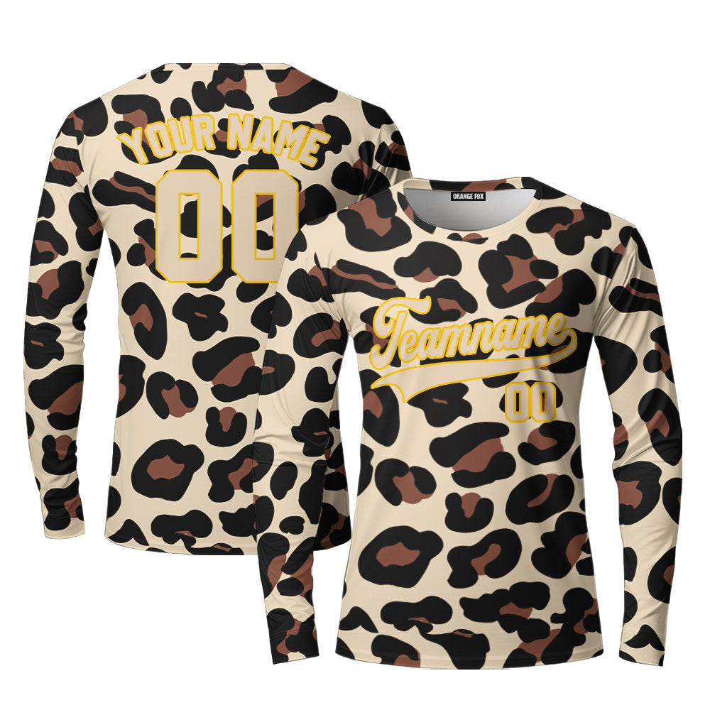 Custom Vintage Leopard Pattern Cream Yellow Custom Long Sleeve T-Shirt For Men & Women
