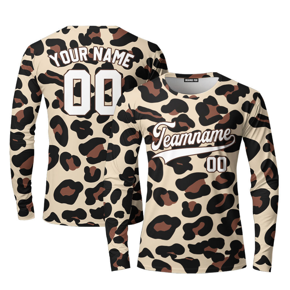 Custom Vintage Leopard Pattern White Brown Custom Long Sleeve T-Shirt For Men & Women