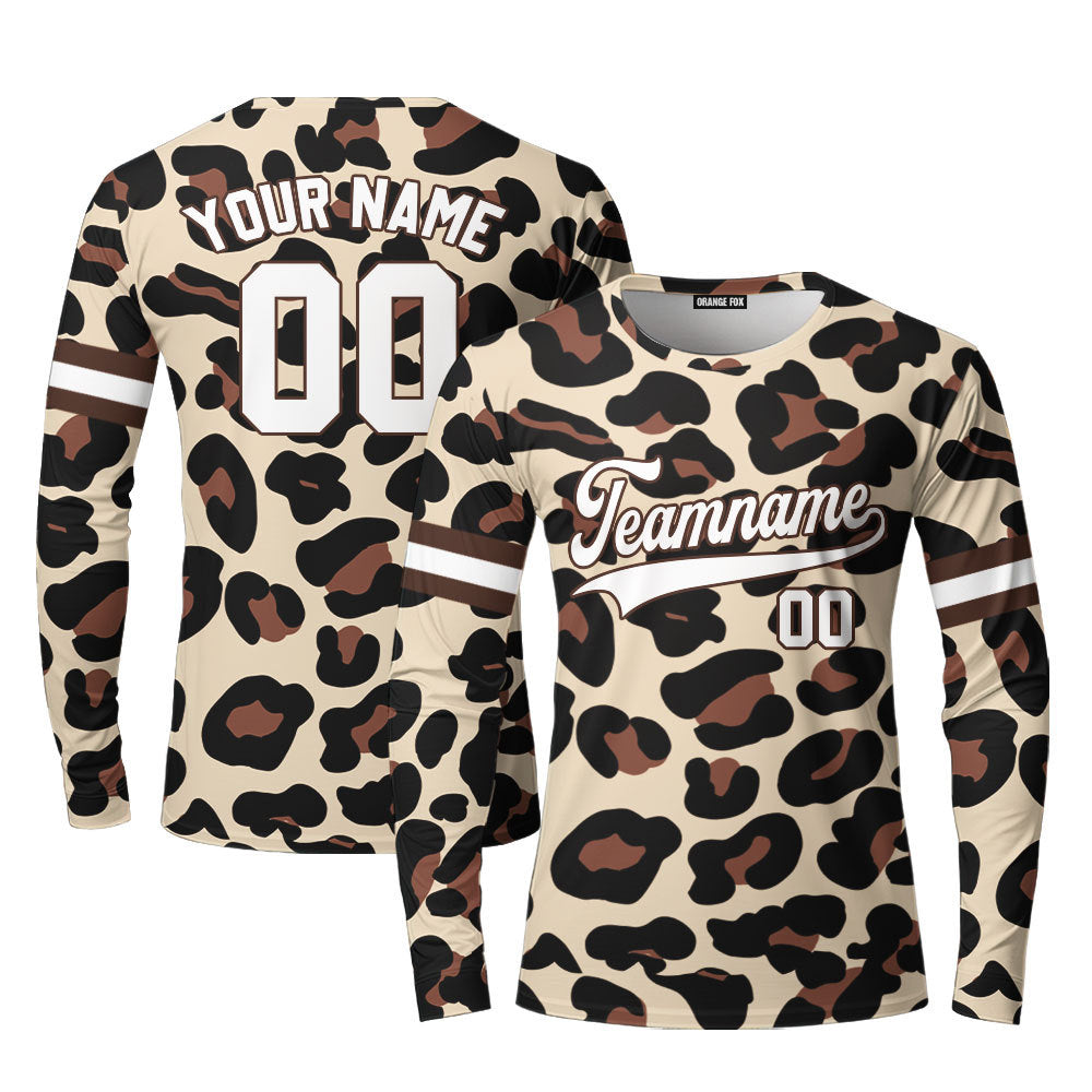 Custom Vintage Leopard Pattern White Brown Custom Long Sleeve T-Shirt For Men & Women