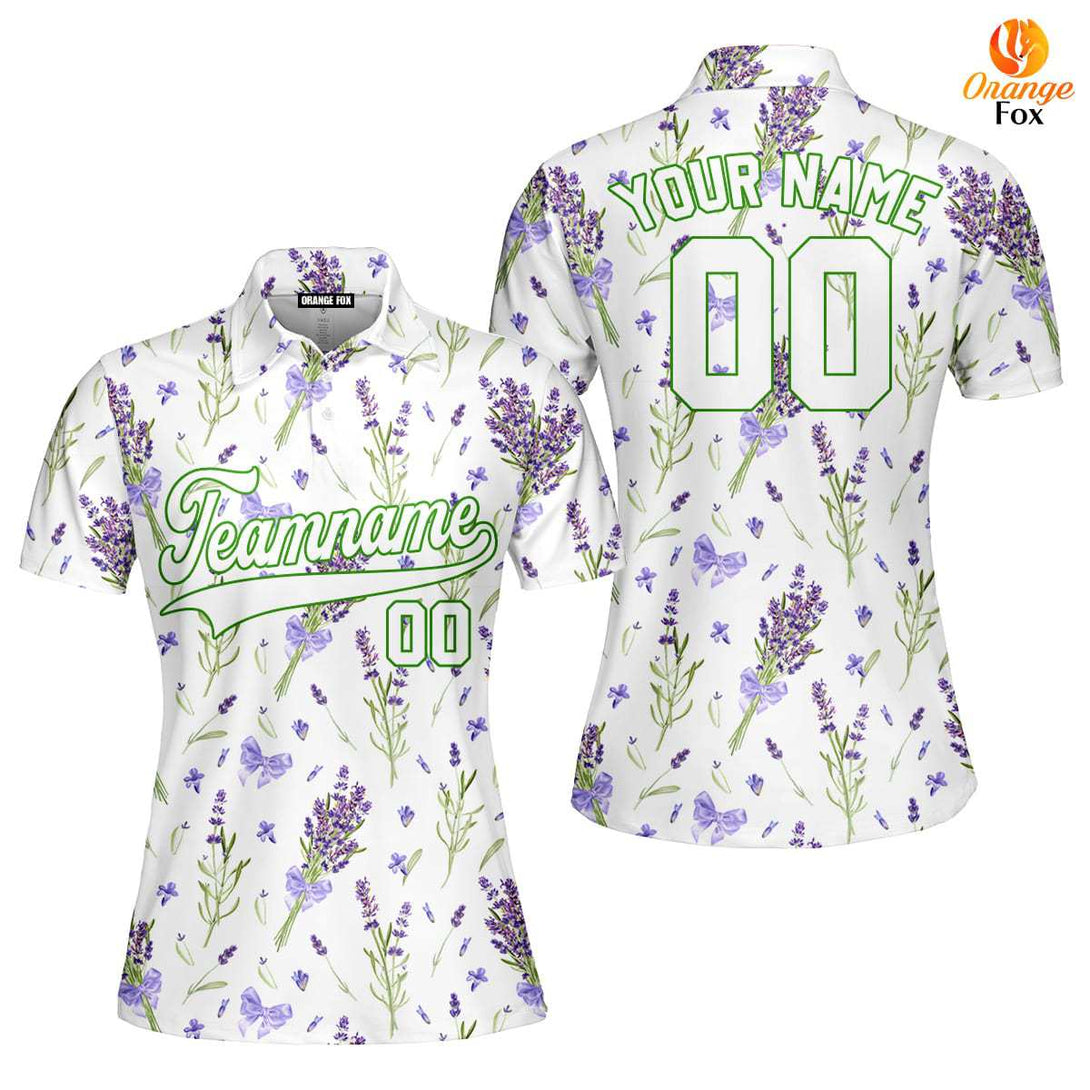 Custom Violet Lavender Pattern White Green Custom Polo Shirt For Women