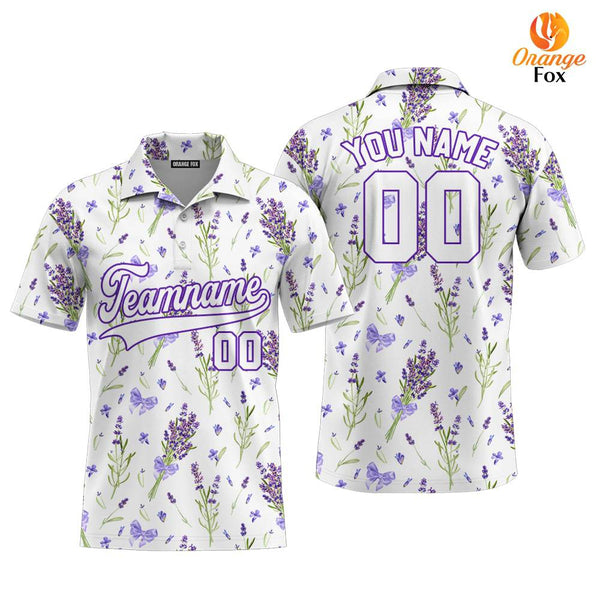 Custom Violet Lavender Pattern White Purple Custom Polo Shirt For Men