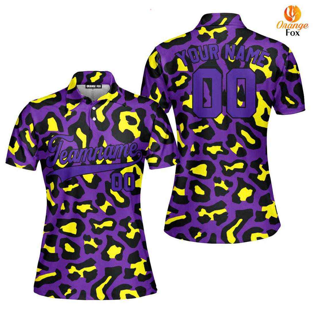 Custom Violet Leopard Pattern Purple Black Custom Polo Shirt For Women